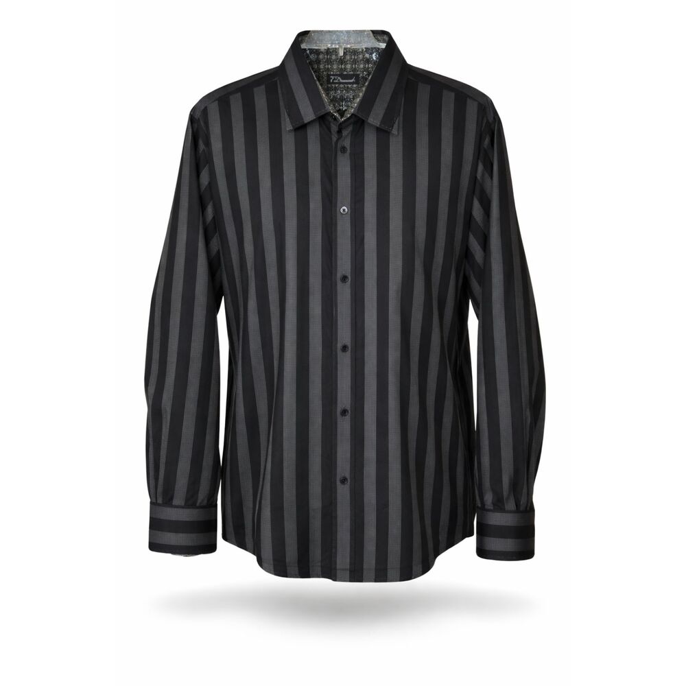 7 DIAMONDS Men's SHIRT Navy Blue and Gray Stripe XL Cuffs Collar Print Match